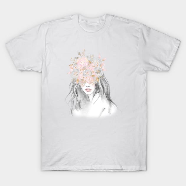 She Had Rose Gold Flowers In Her Hair T-Shirt by NatureMagick